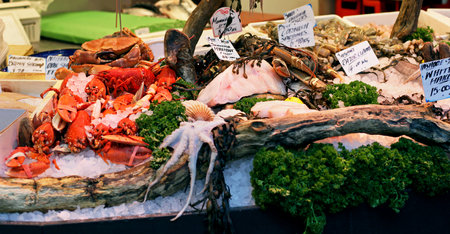 Fresh seafood selection sold on market stallのeditorial素材