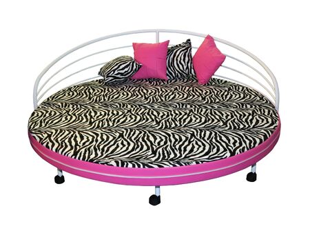 Modern circle bed with zebra pattern upholstery and pink decorative pillows の写真素材