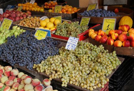 Market stall with variety of fresh fruitsの写真素材