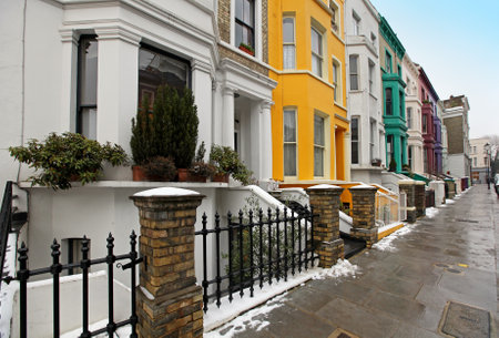 London street with residential houses during winter dayのeditorial素材