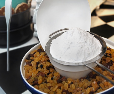 Cake preparing ingredients detail inside modern kitchenの写真素材