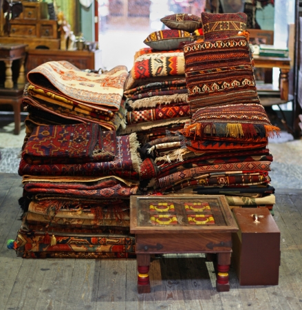 Traditional Moroccan rugs pile on old marketの写真素材