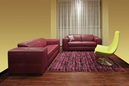 Living room interior with dark red leather furniture