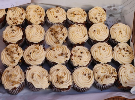 Bunch of freshly made cupcakes with creamy toppingの写真素材