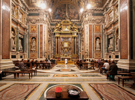 Rome, Italy - October 27, 2009  Famous Catholic church in Rome Santa Maria Maggiore basilica interior with mass in progress and beliviers present to observe the ceremonyのeditorial素材
