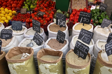 Organic grains fruits and vegetables sold on marketの写真素材