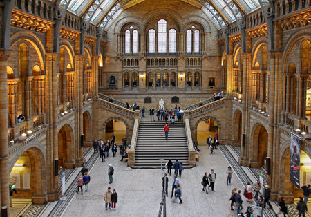 Famous London Natural History Museum big hall interior with tourists visitors in London United Kingdom - November 18 2013のeditorial素材