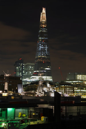London cityscape at night with famous Shard tallest building in Europe in background in London United Kingdom - November 18 2013のeditorial素材