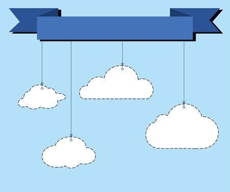 Cartoon style illustration of white clouds hanging from a benner on strings with empty surface for copy spaceのイラスト素材