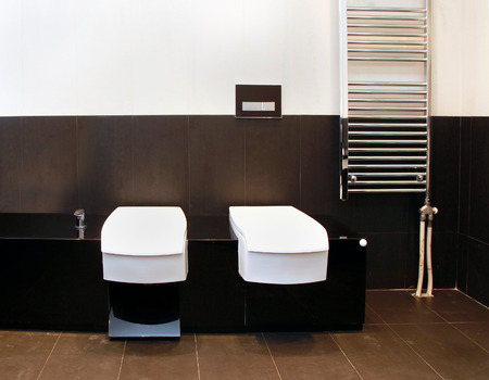 Modern bathroom interior with toilet fixture in the cornerの写真素材