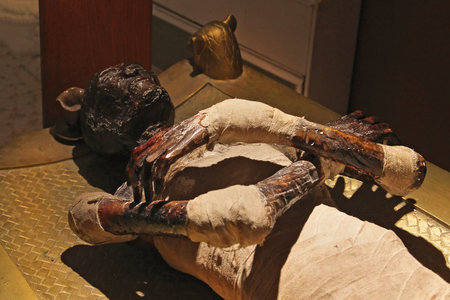 CAIRO, EGYPT - February 26: Ancient mummy in Egyptian village tourist attraction near Cairo, Egypt -...