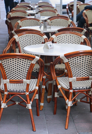 Empty tables in retro restaurant outside terraceの写真素材