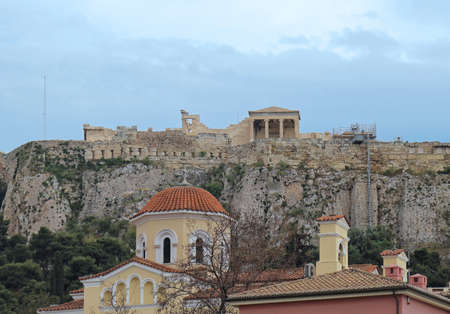 Old Athens architecture near Monastiraki square with Erechtheion temple visible on North side of Acropolisの写真素材