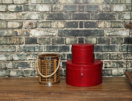 Table decor inside retro interior with brick wall in background