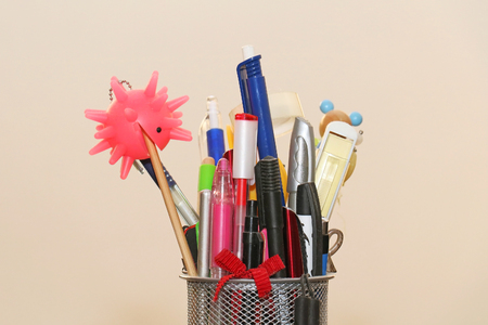 Many colorful school pencils inside metal boxの写真素材