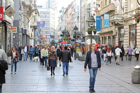 BELGRADE, SERBIA - October 24: Walking street Kneza Mihaila with people looking around and shopping in Belgrade, Serbia - October 24, 2016; Shopping district with many shops and people walking around in city centre.のeditorial素材