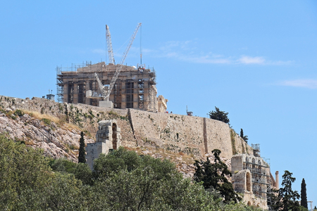 Old landmark Acropolis temple with restoration worksの写真素材