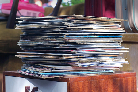 Vintage vinyl records sold on antique marketの写真素材