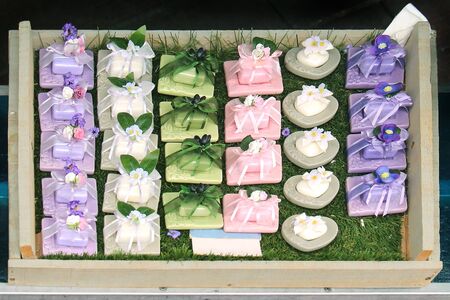 Natural hand made soap cosmetics on market stallの写真素材