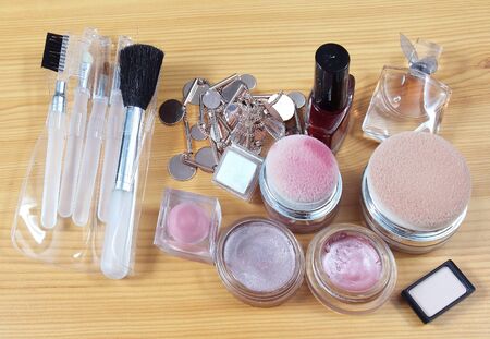 Beauty pink make up with face brushes and other accessoriesの写真素材