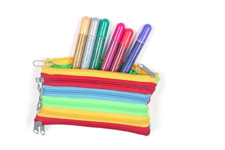 Colorful pencil box with glitter pens peeking outside