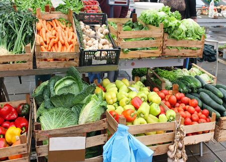 Fresh organic vegetables piles in crates on market
