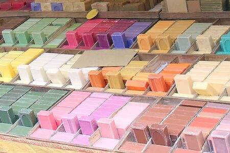 Organic colorful natural soaps on market stallの写真素材