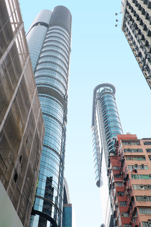 Modern architecture with tall skyscrapers architecture in Hong Kong shot from aboveの写真素材