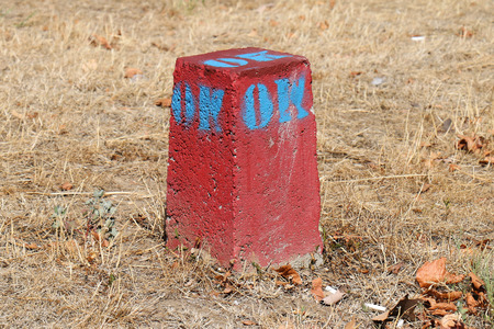 Red stone mark in dry grass field