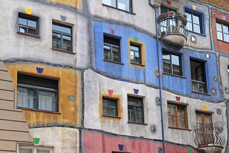 VIENNA, AUSTRIA - JULY 12, 2015: Hundertwasserhaus house facade is famous landmark in Austria built after idea of artist Friedensreich Hundertwasser.のeditorial素材
