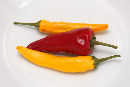 Very hot raw spicy red and yellow peppersの写真素材