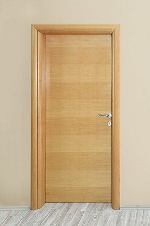 Closed brown wooden door inside modern interiorの写真素材