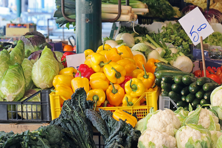 Fresh organic vegetables on market stall in Venice cultivated in Italyの写真素材