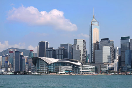 Hong Kong Convention and Exhibition Centre building is located in Wan Chai North, Hong Kong Island and is linked by walkways to nearby buildings.のeditorial素材