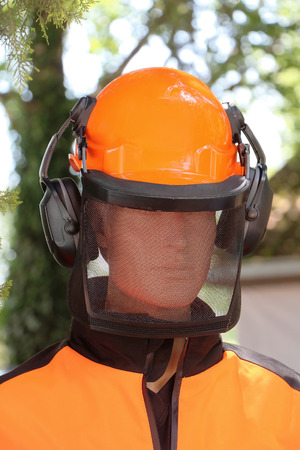 Safety gear helmet for lumberjack workers on mannequinの写真素材