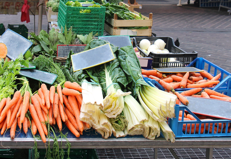 Vegetable stall on outdoor green market stall in Niceの写真素材