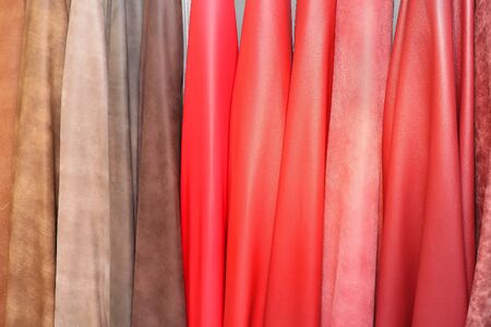 Colorful leather material samples hanging on a wallの写真素材