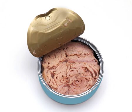 Open lid of metal can of tuna on white backgroundの写真素材