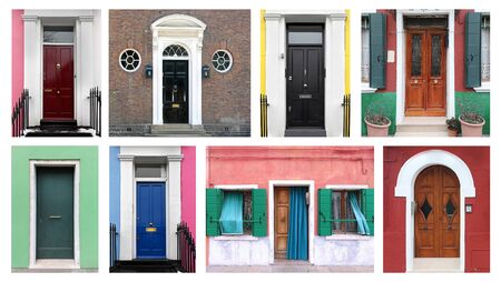 Old retro colorful residential houses closed front entrance doorsの写真素材