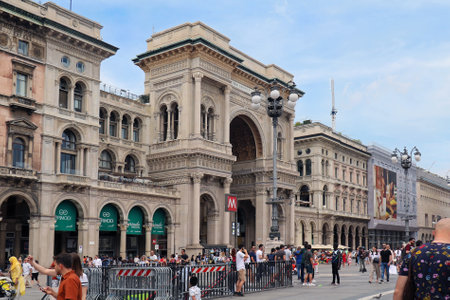Milan, Italy - June 15, 2019:People waiting on Duomo square in Milan to enter into metro station. The Milan Metro is the rapid transit system serving Milan, Italy, operated by Azienda Trasporti Milanesi.のeditorial素材