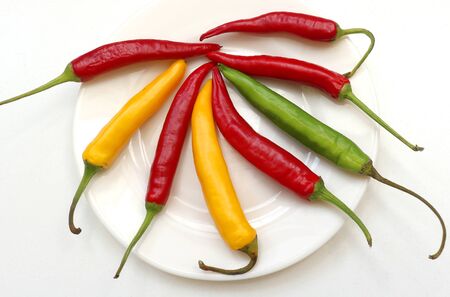 Colorful organic spicy hot peppers on plateの写真素材