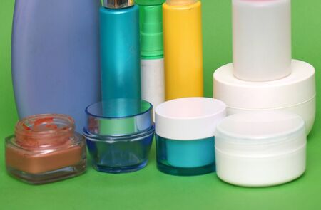 Glass and plastic colorful bottles of cosmetic beauty productsの写真素材