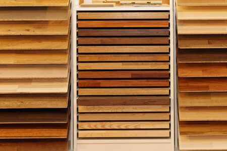 Brown wooden material parquet samples in show roomの写真素材