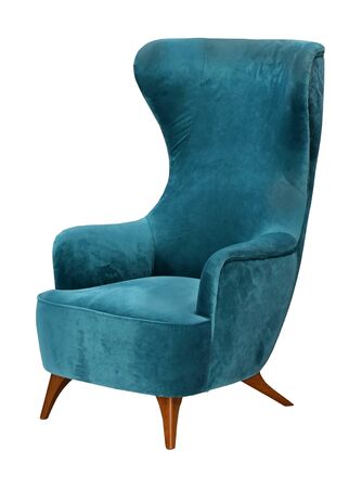 Modern velvet textile armchair isolated on white backgroundの写真素材