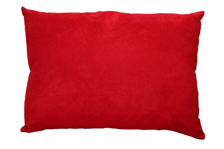 Red textile decorative pillow isolated on white backgroundの写真素材