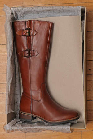 Modern female brown leather boot inside boxの写真素材