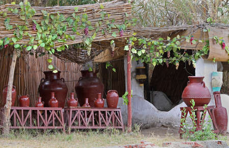 Traditonal old potery stall with terracotta pots like they had in ancient Egyptの写真素材