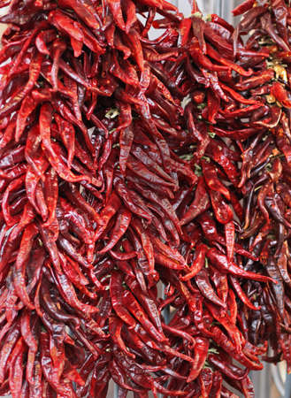 Bunch of red chili peppers hanging outside on marketの写真素材