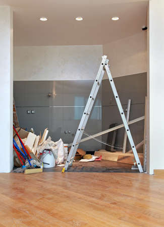 Messy corner of new house interior after renovationの写真素材