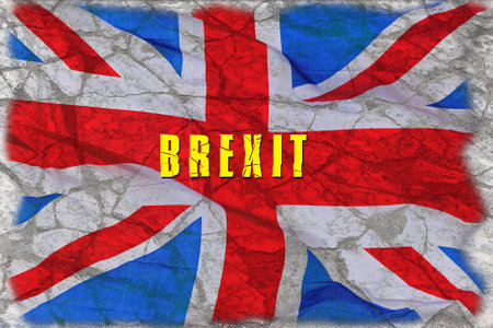 Dirty wrinkled Union Jack British flag with word Brexitの写真素材